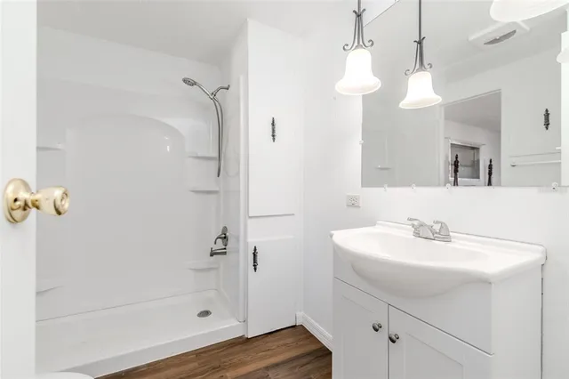 a bathroom with a sink a mirror and shower
