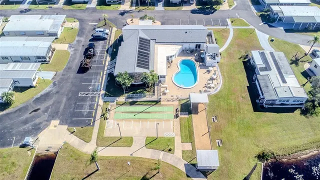 an aerial view of a swimming pool