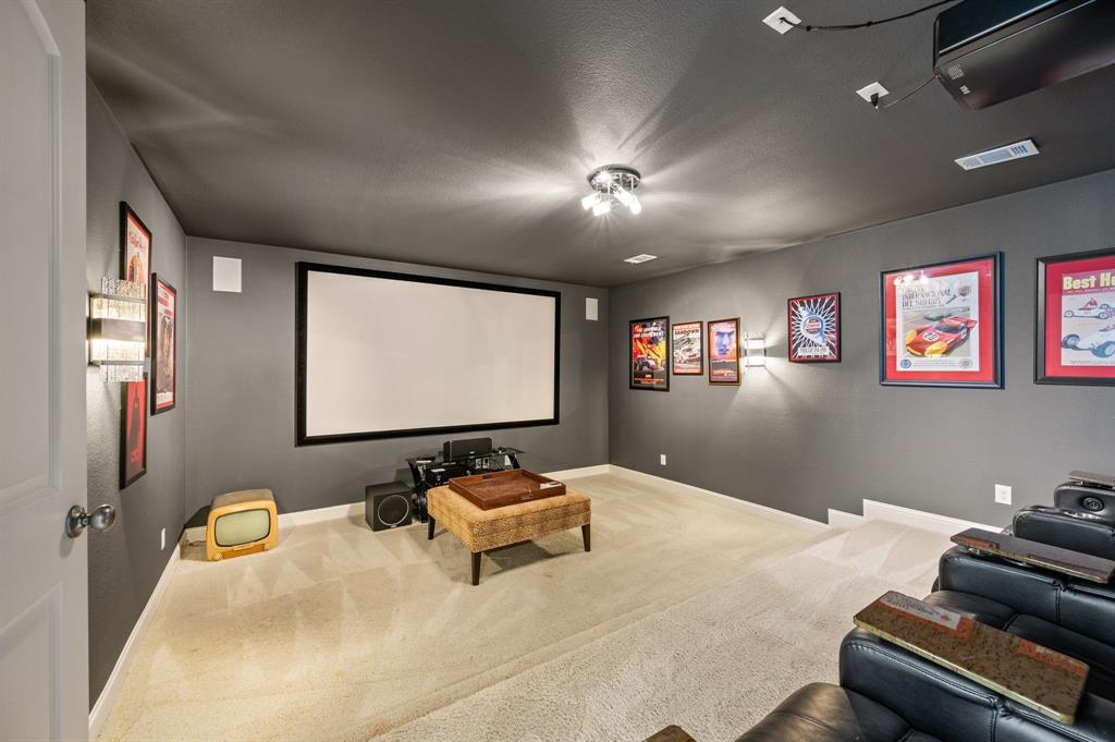 1521 Newton Ranch Road Keller, TX 76248 - Photo 28 of 40 Dedicated media room featuring a large projection screen, integrated ceiling projector, wall-mounted speakers, and recessed lighting