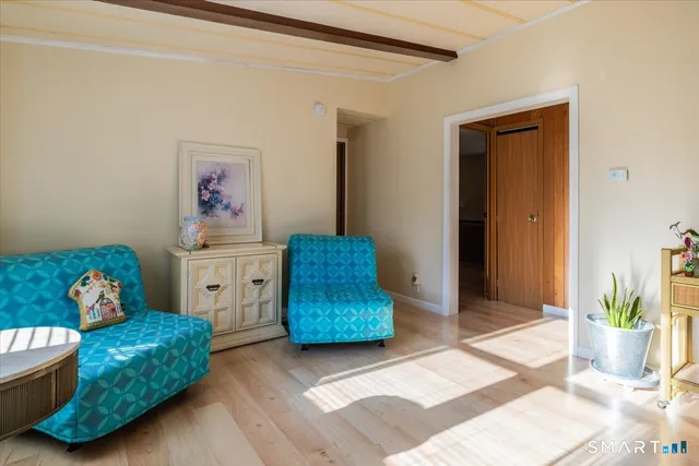 a living room with a couch and potted plant