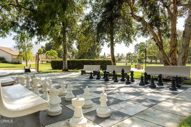 a view of a backyard with plants and a patio