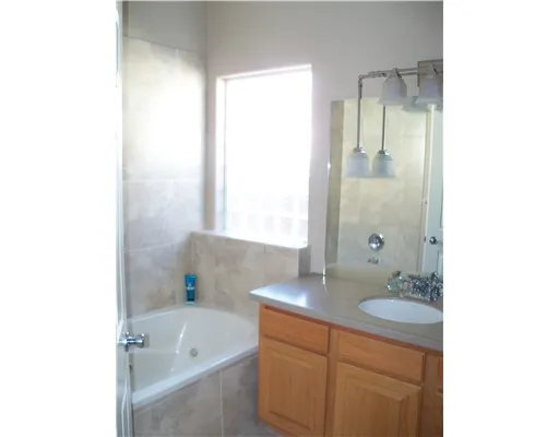 a bathroom with a tub sink and mirror