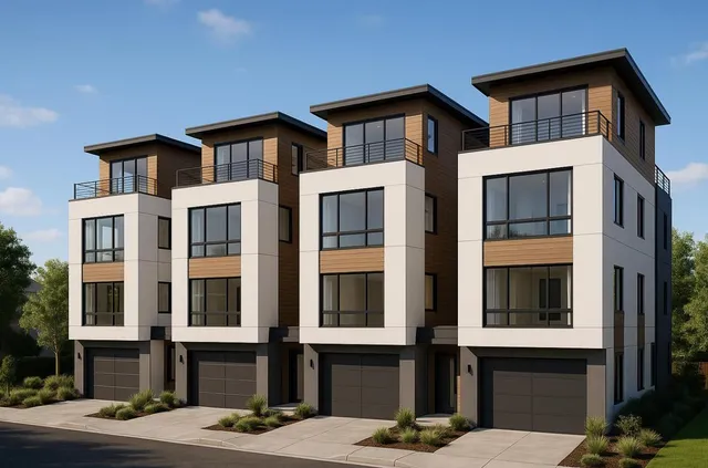 a front view of a building with a street