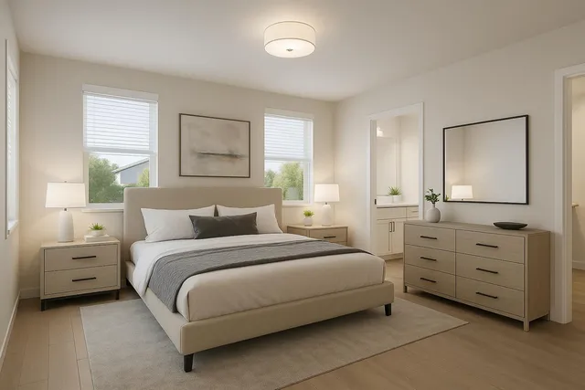 a bedroom with a bed and a dresser