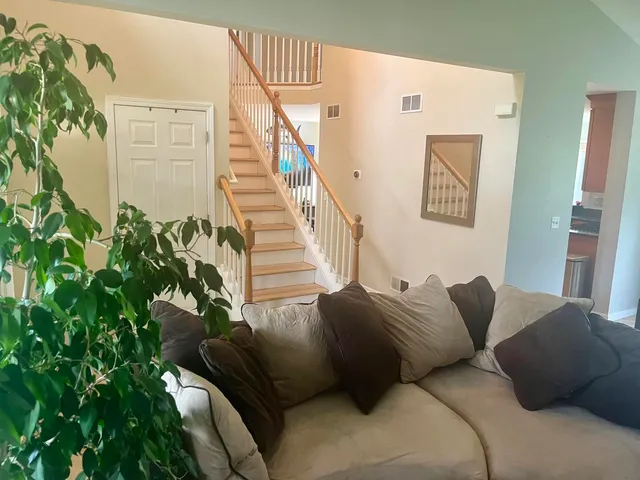 a living room with furniture and a potted plant