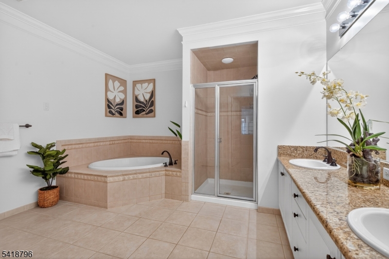 9210 Ravenscroft Road Clifton, NJ 07013 - Photo 14 of 18 a bathroom with a granite countertop sink a large mirror a bathtub and a shower