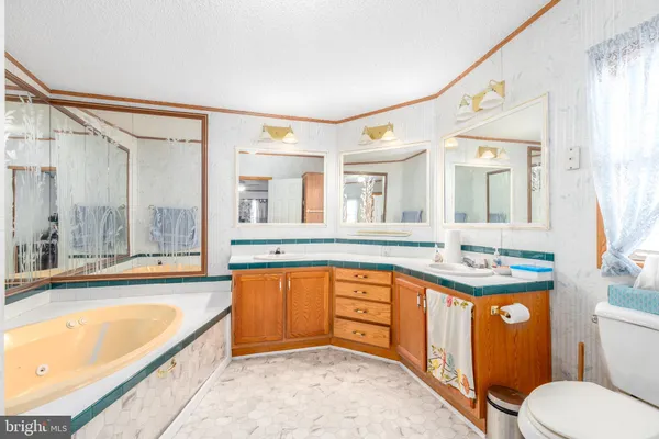 a bathroom with a granite countertop sink mirror bathtub and toilet