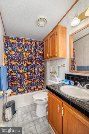 a bathroom with a granite countertop sink and a toilet
