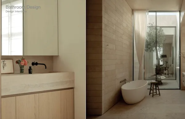 a bathroom with a tub sink and mirror