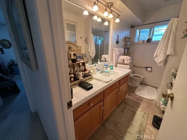 a bathroom with a sink a toilet and a mirror
