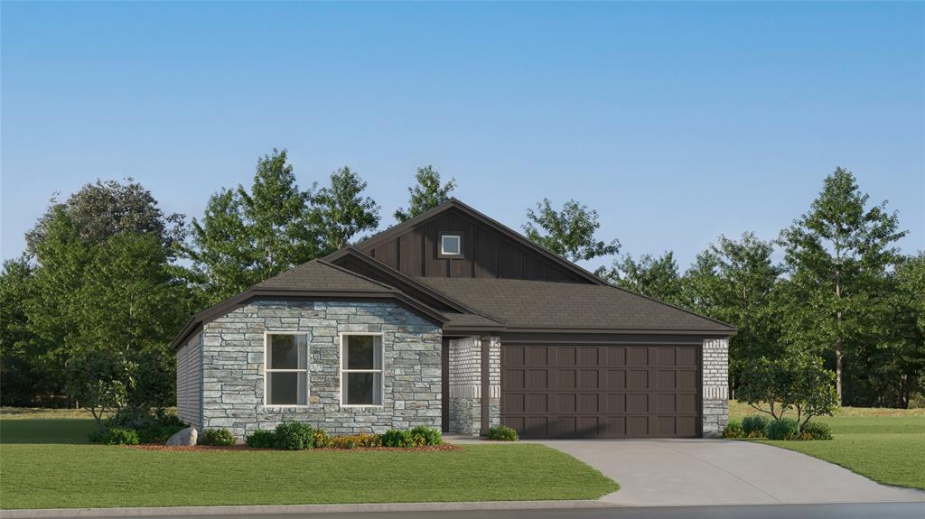 Contemporary single-story residence featuring a stone and brick exterior, a dark shingle roof, a two-car garage, and an accent dormer