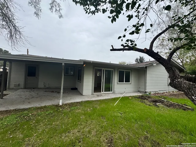 a view of a house with a small yard and a large tree