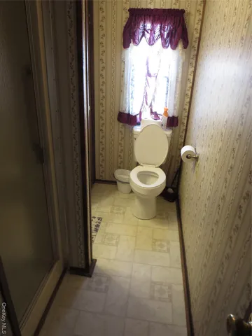 a bathroom with a toilet and a shower