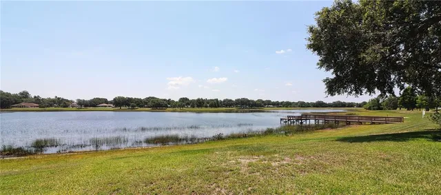 a view of a lake with houses in the back