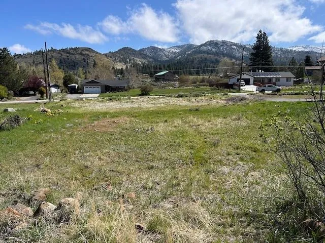 a view of a town with mountains in the background