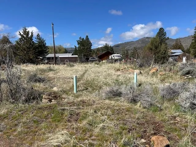 a view of a yard with wooden fence