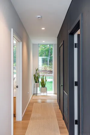 a view of a garden from a hallway