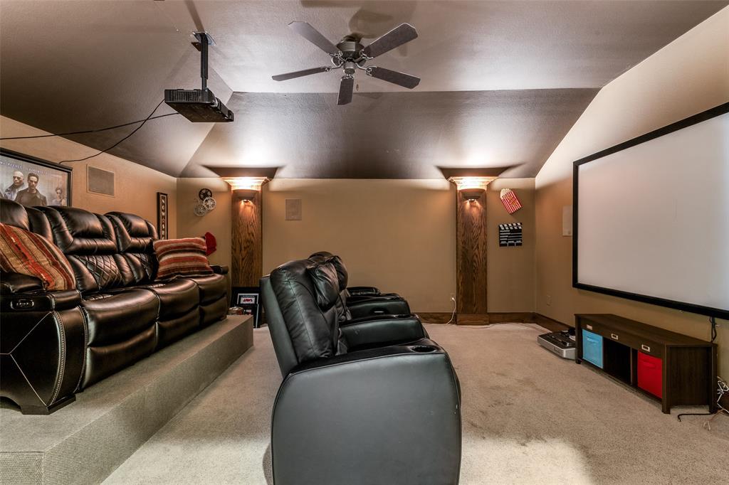 901 Sandy Trail Keller, TX 76248 - Photo 30 of 36 Home theater featuring vaulted ceiling, carpet, and a ceiling fan