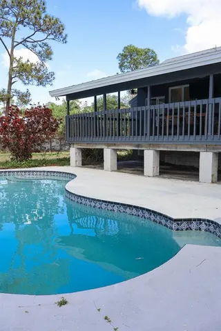 a view of a swimming pool with a garden