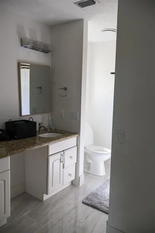 a bathroom with a sink a toilet and a mirror