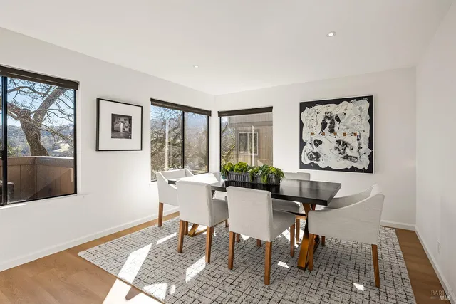 a view of a dining room with furniture window and wooden floor