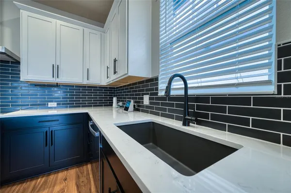a kitchen with a sink and cabinets
