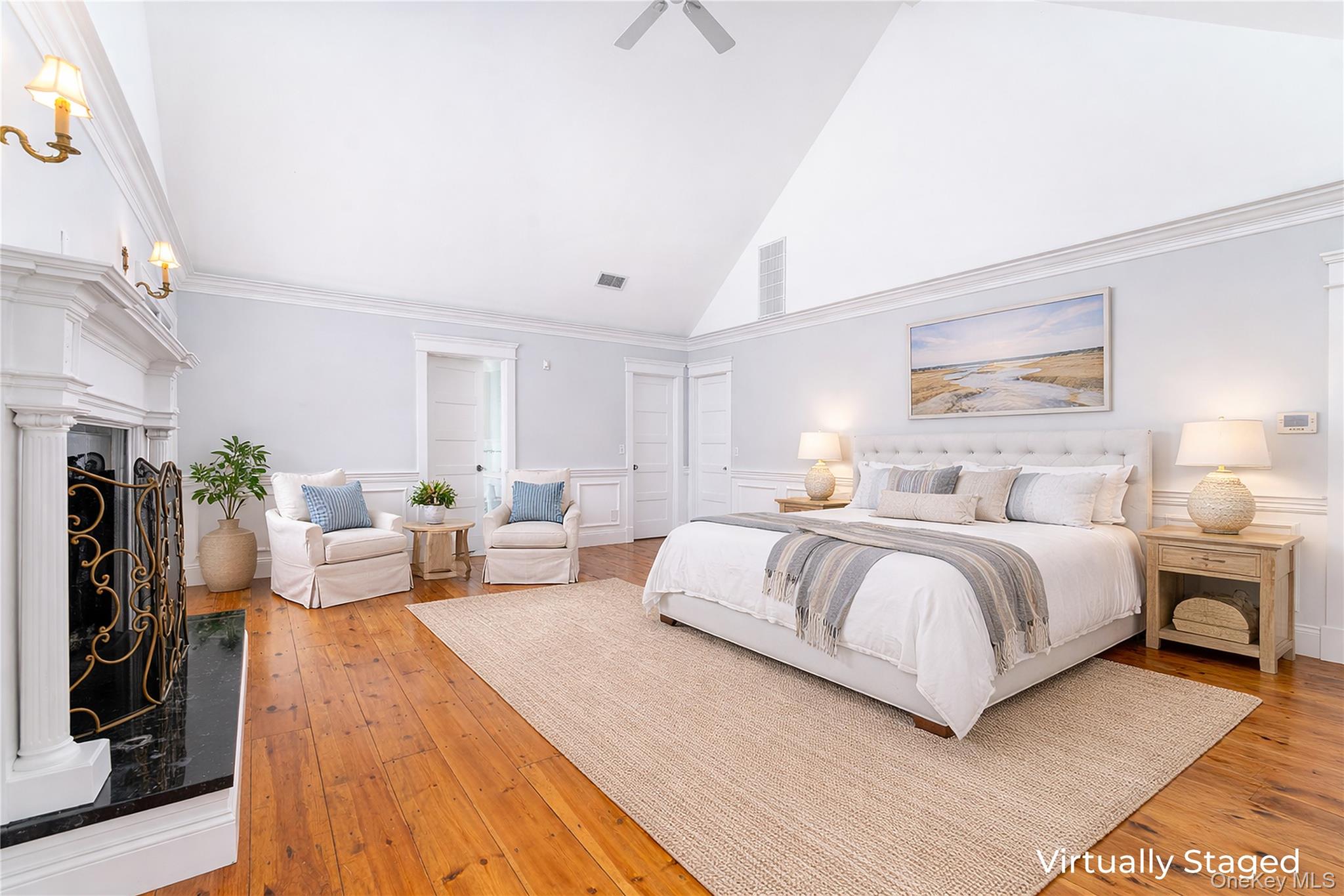 9 Old Field Road Setauket, NY 11733 - Photo 28 of 50 Luxurious Primary Bedroom Suite With Vaulted Ceiling, Fireplace & Windows Overlooking Yard & Pond, His & Hers Walk-In Closets & Marble En-Suite Bathroom