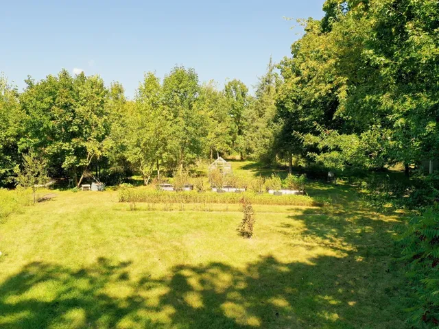 a view of yard with swimming pool and green space