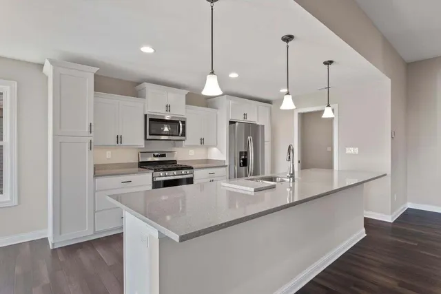 a kitchen with kitchen island a sink appliances and wooden floor