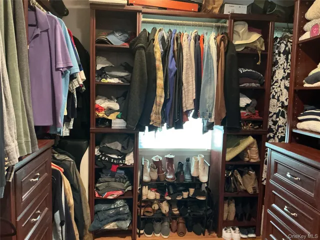 a view of walk in closet with clothes and shoes