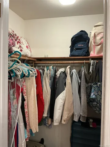 a view of walk in closet with clothes and shoes
