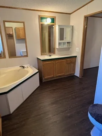 a bathroom with a double vanity sink a mirror and a toilet