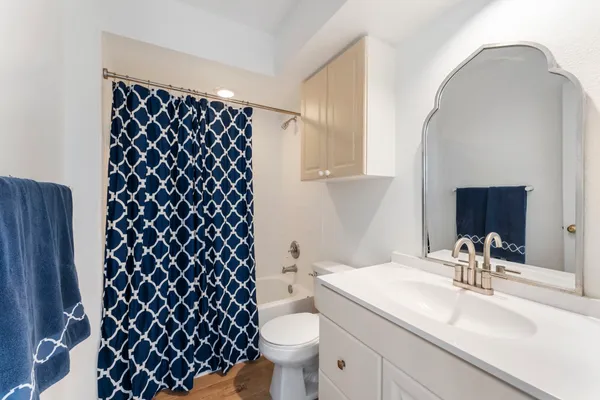 a bathroom with a sink a toilet and a mirror