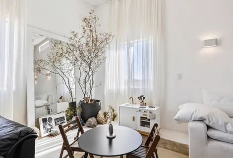a dining room with furniture and a potted plant