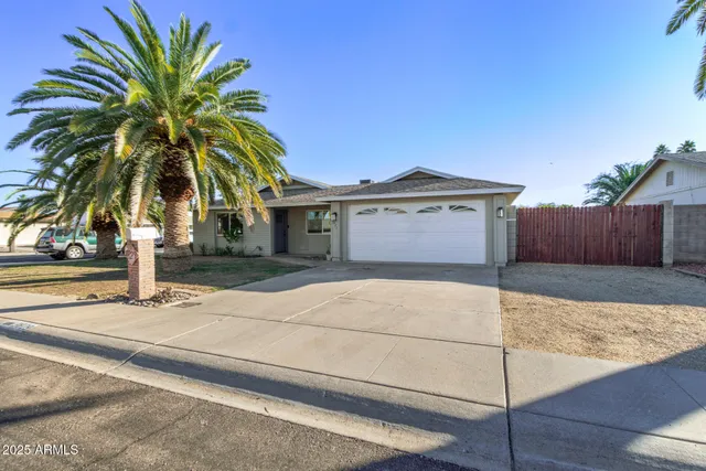 a palm tree sitting in front of a house with a tree