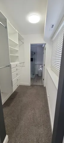 a view of a room with storage and racks on th wall