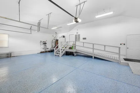 a view of a garage with storage