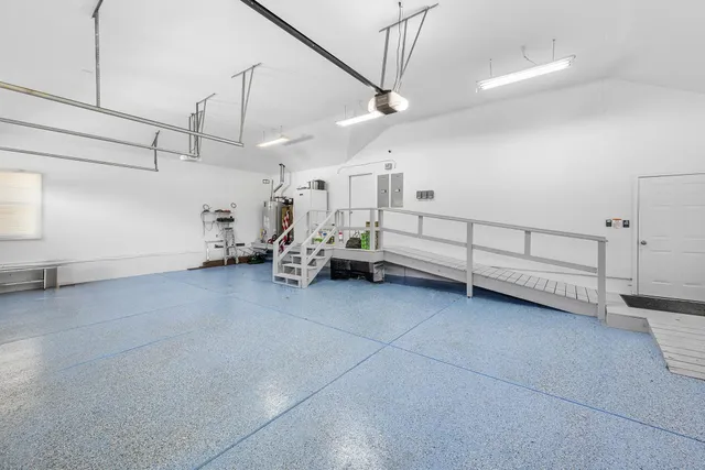 a view of a garage with storage