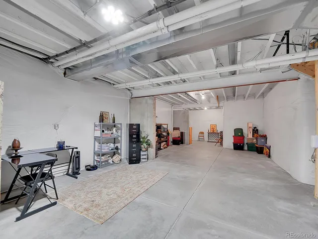 a view of a garage with storage