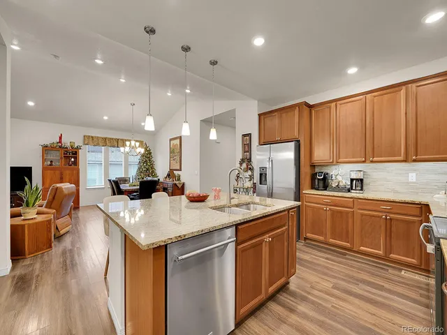 a kitchen with stainless steel appliances granite countertop a sink dishwasher a stove and a refrigerator with wooden floor