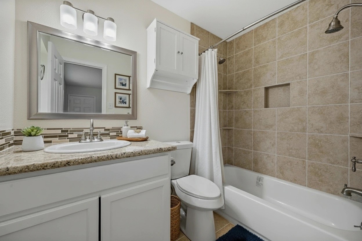 3930 Tumbleweed Lane Baytown, TX 77521 - Photo 12 of 23 a bathroom with a granite countertop sink a toilet and shower