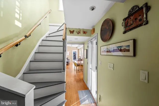 a view of a hallway with wooden floor and entryway