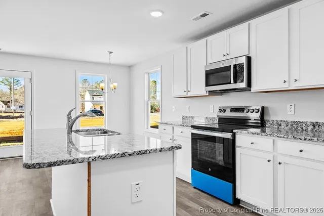 a kitchen with stainless steel appliances granite countertop a stove a sink and a microwave
