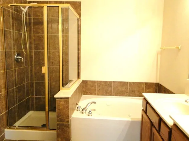 a bathroom with a bathtub and a shower