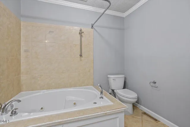 a bathroom with a bathtub and a toilet