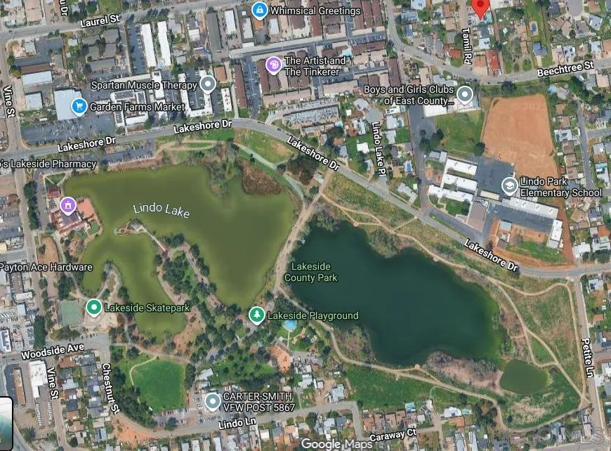 10025 Tamil Road Lakeside, CA 92040 - Photo 42 of 44 Red marker shows the distance to Lindo Lake and Elementary School.