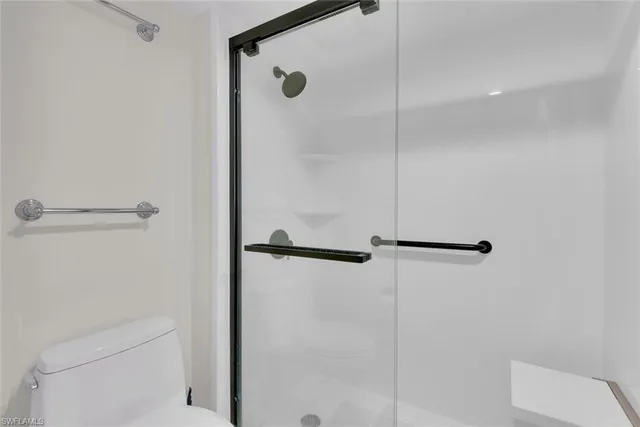 a bathroom with a shower and toilet