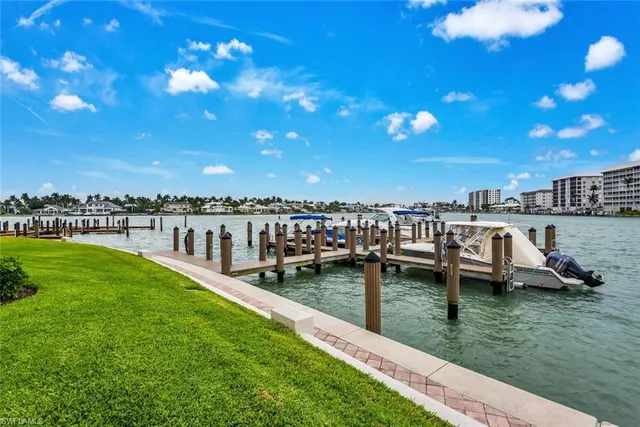 a view of a lake with houses in the back