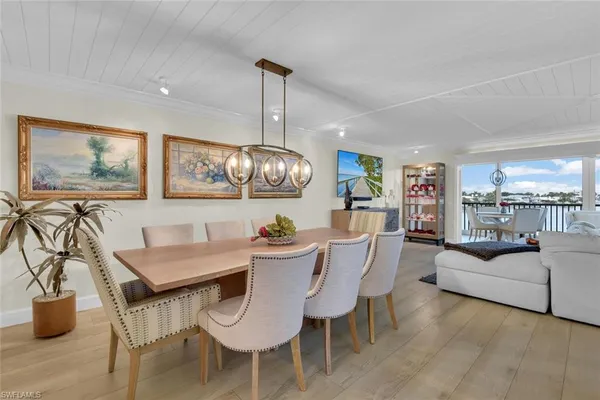 a view of a dining room with furniture wooden floor and chandelier