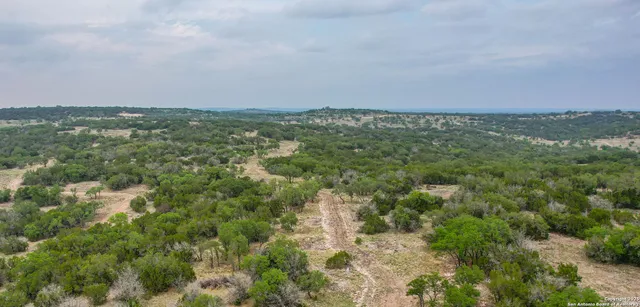 an aerial view of residential houses with outdoor space and trees
